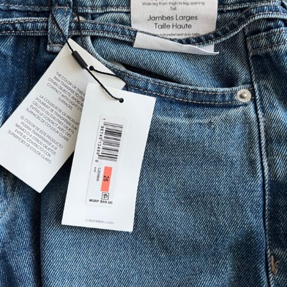 Calvin Klein blue high rise wide leg belted  jeans size 26 NWT - Picture 2 of 3